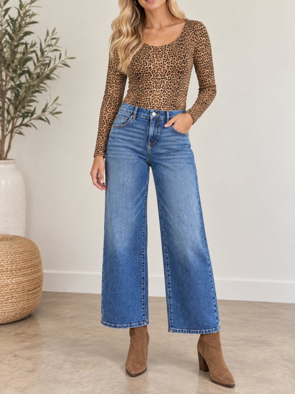 208. RISEN Medium Denim Blue Cropped Barrel Jeans